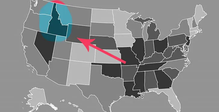 Map of the United States with Idaho highlighted by an arrow