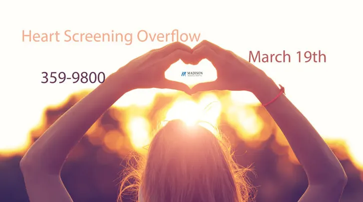 Heart Screening Overflow notice for March 19, with hands framing a sunset