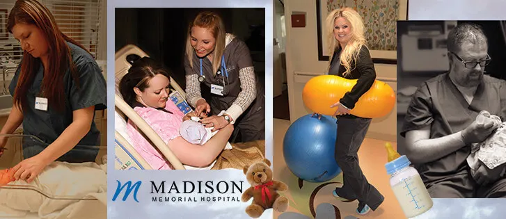 Madison Memorial banner collage of therapy, maternity and bedside care