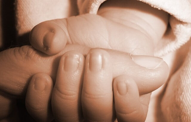 a babies hand holding the thumb of an adult