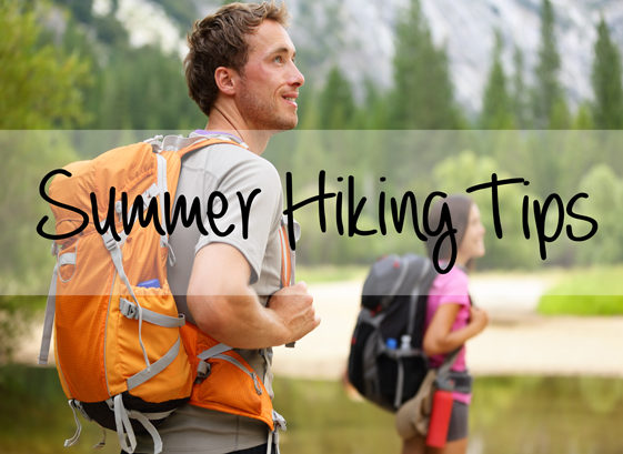 Man and woman out hiking with Summer Hiking tips written on top of them
