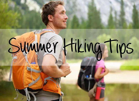Summer Hiking Tips graphic with hikers on a trail