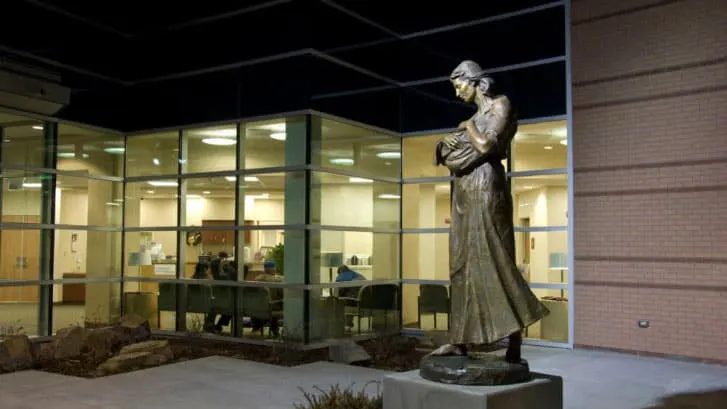Statue outside the lit entrance of a Madisonhealth building at night