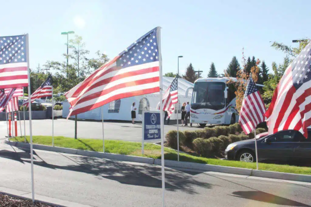 American flags lining the road outside the hospital