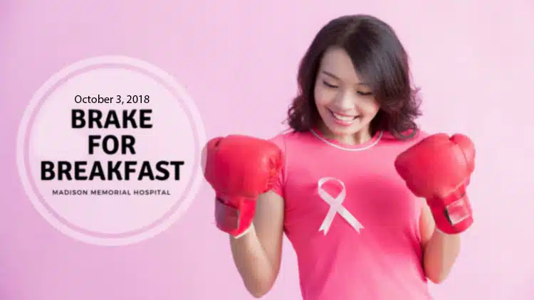 Brake for Breakfast graphic: woman in pink boxing gloves, October 3, 2018