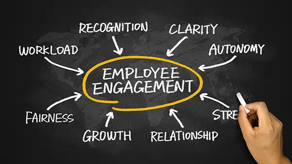 Employee engagement diagram on a blackboard showing contributing factors