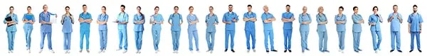 Illustrated row of hospital staff in blue scrubs standing side by side