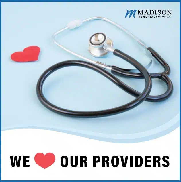We Love Our Providers graphic with a stethoscope and a red heart