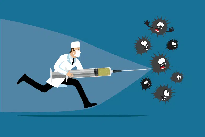 Illustration of a doctor charging at cartoon germs with a syringe