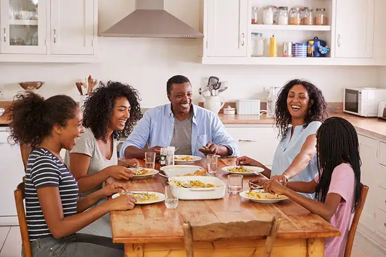 Family sharing a meal together at the kitchen table