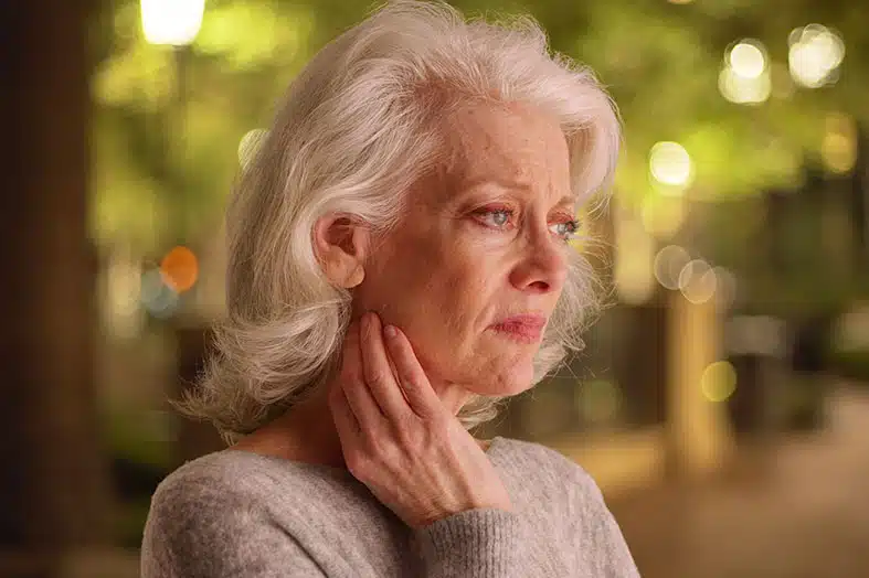 Older woman touching her throat with a concerned expression