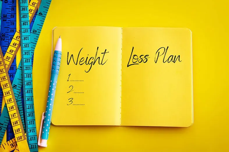 Notebook headed Weight Loss Plan beside a tape measure and pencil