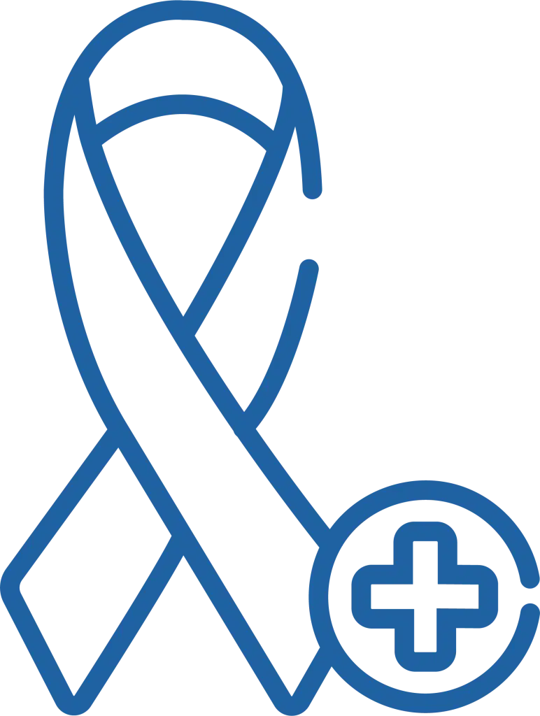 Icon of an awareness ribbon with a medical cross, used for cancer care