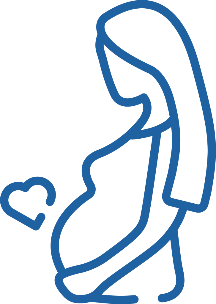 Icon of a pregnant woman with a heart, used for obstetric care
