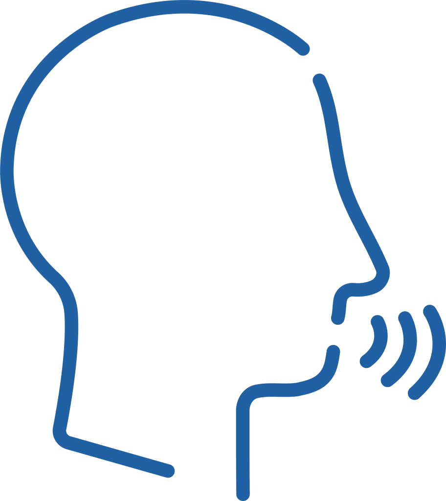 Icon of a head in profile with sound waves, used for speech therapy