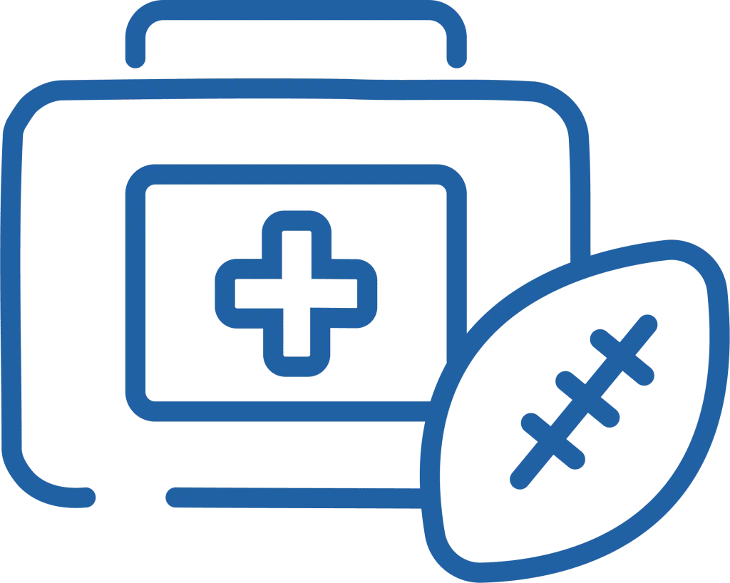 Icon of a first aid kit beside a football, used for sports medicine