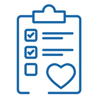 Line icon of a checklist clipboard with a heart, used for health assessments