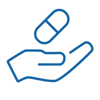 Line icon of a hand holding a capsule, used for medication management