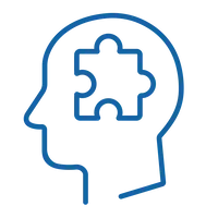 Line icon of a head with a puzzle piece, used for neurodevelopmental services