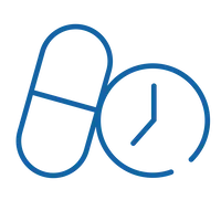 Line icon of a capsule beside a clock, used for medication management
