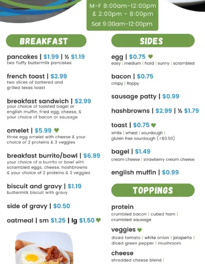 Paragon Cafe breakfast menu listing pancakes, omelets, sides and toppings with prices