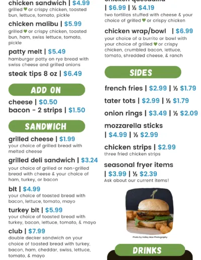 Paragon Cafe grill menu listing burgers, sandwiches, tortilla items, sides and drinks
