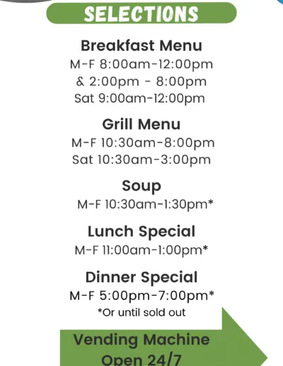 Paragon Cafe menu board listing breakfast, grill, soup, lunch and dinner service times
