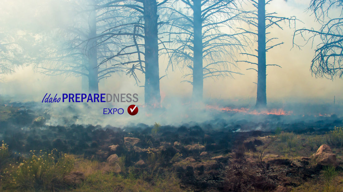 Idaho preparedness expo logo with tress on fire in the background